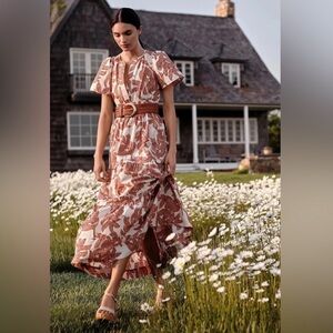 Anthropologie Somerset Tiered Maxi Dress X Small EUC Cream Cotton Brown Print